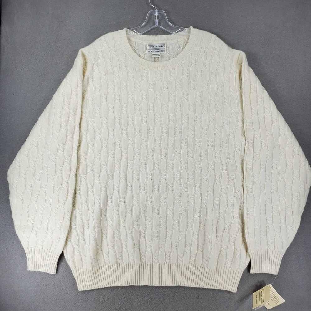 Jeffrey Banks Sweater Mens XXL Cream Cable Knit 100% Cashmere Crew Neck NEW